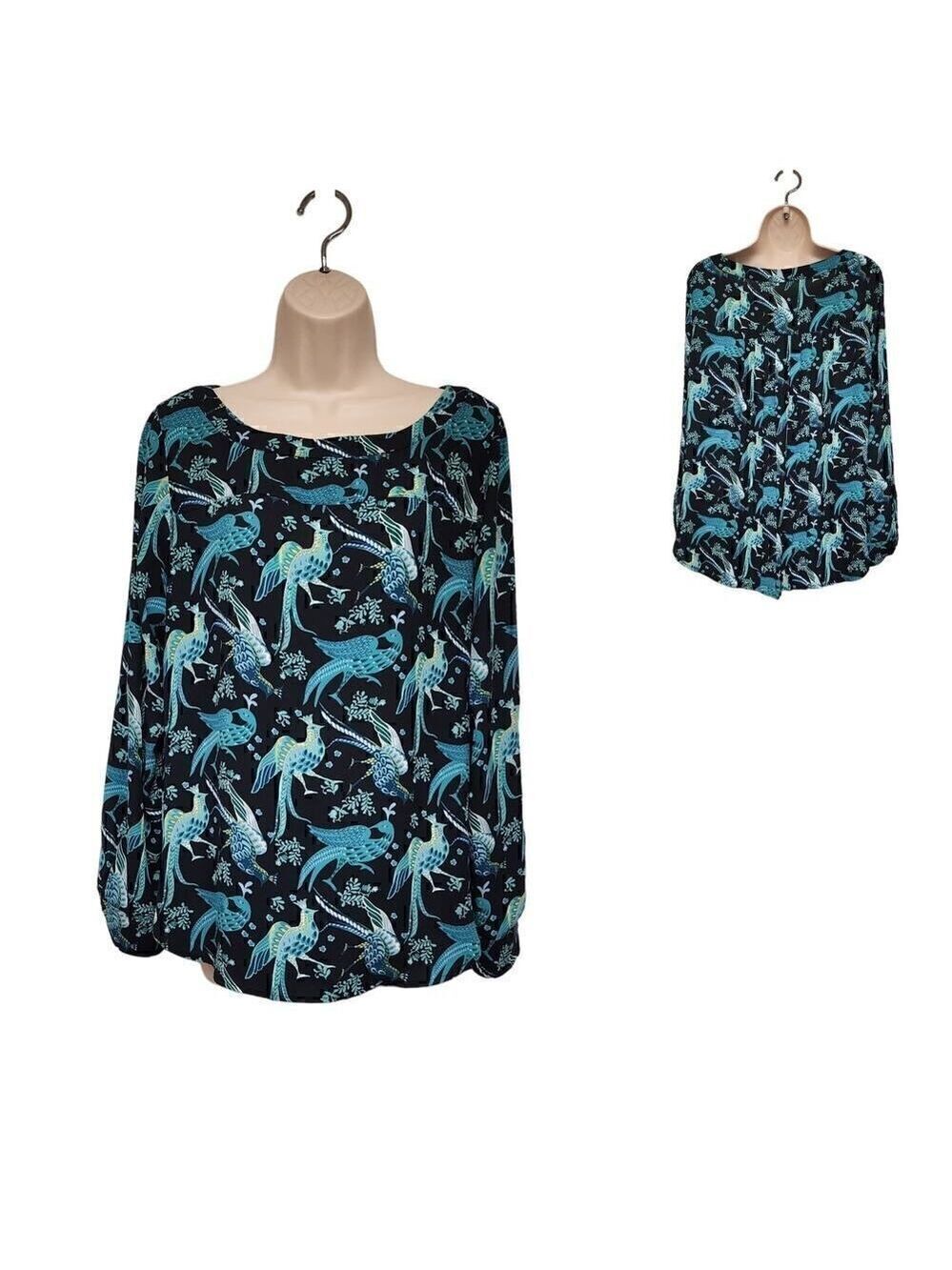 ANN TAYLOR LOFT PEACOCK PRINT SCOOP NECK LONG SLEEVE BLOUSE TEAL/BLACK SMALL